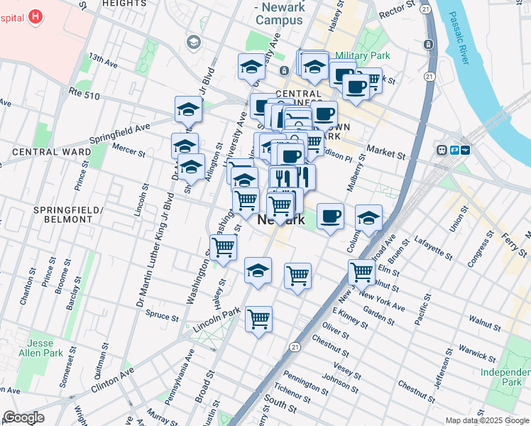 map of restaurants, bars, coffee shops, grocery stores, and more near 907-913 Broad Street in Newark