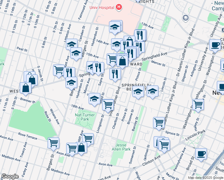 map of restaurants, bars, coffee shops, grocery stores, and more near 56 Livingston Street in Newark