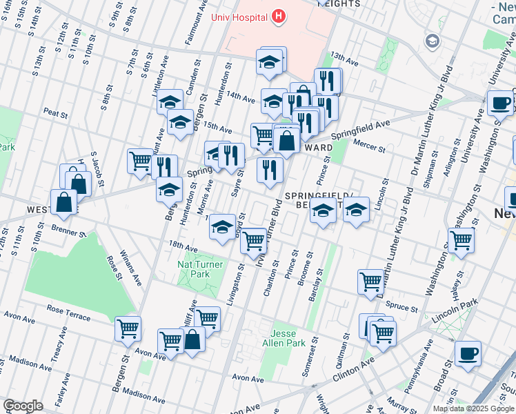 map of restaurants, bars, coffee shops, grocery stores, and more near 56 Livingston Street in Newark