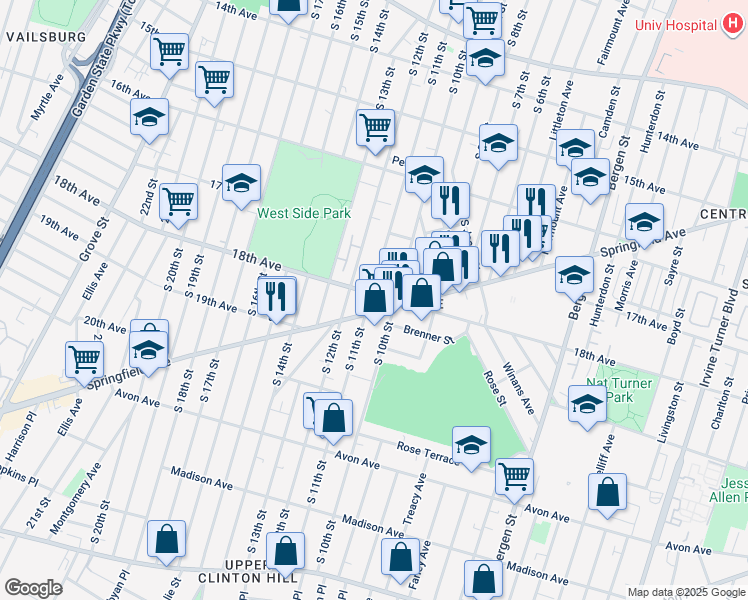 map of restaurants, bars, coffee shops, grocery stores, and more near 607 South 11th Street in Newark