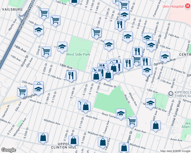 map of restaurants, bars, coffee shops, grocery stores, and more near 607 South 11th Street in Newark