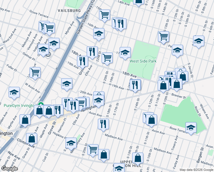 map of restaurants, bars, coffee shops, grocery stores, and more near 699 South 19th Street in Newark