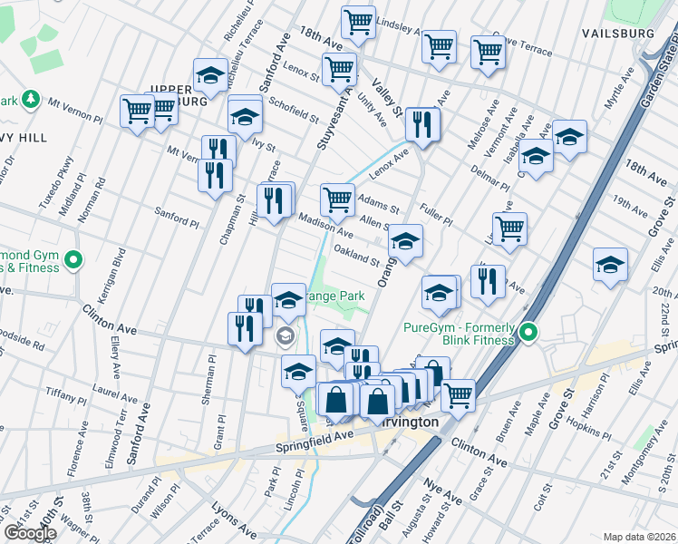 map of restaurants, bars, coffee shops, grocery stores, and more near 51 Oakland Street in Irvington