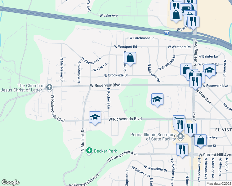 map of restaurants, bars, coffee shops, grocery stores, and more near 3100 West Reservoir Boulevard in Peoria