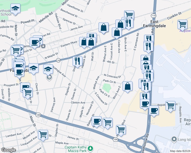 map of restaurants, bars, coffee shops, grocery stores, and more near 38 Walnut Avenue East in Farmingdale