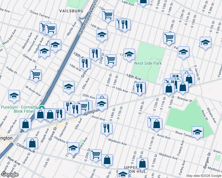 map of restaurants, bars, coffee shops, grocery stores, and more near 93 19th Avenue in Newark