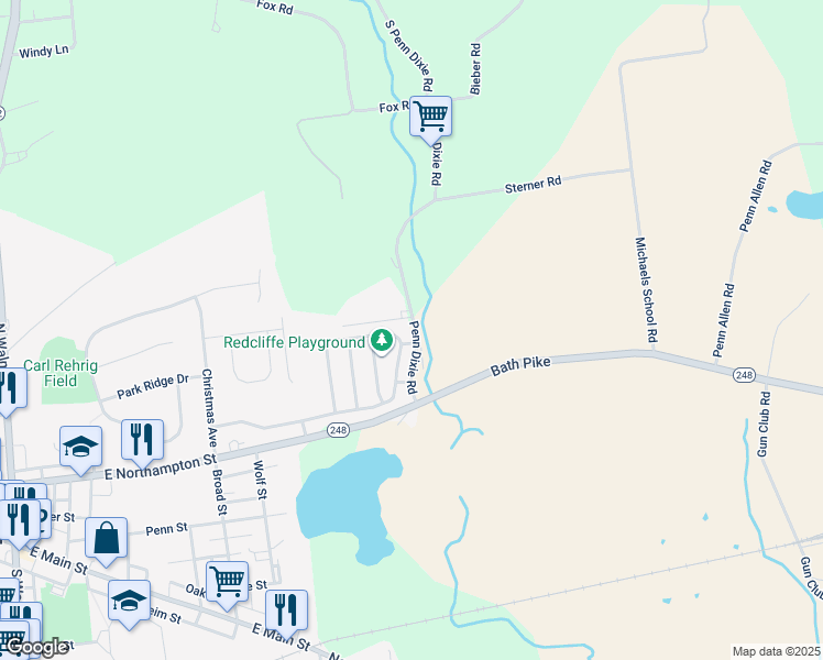 map of restaurants, bars, coffee shops, grocery stores, and more near 3253 Penn Dixie Road in Nazareth