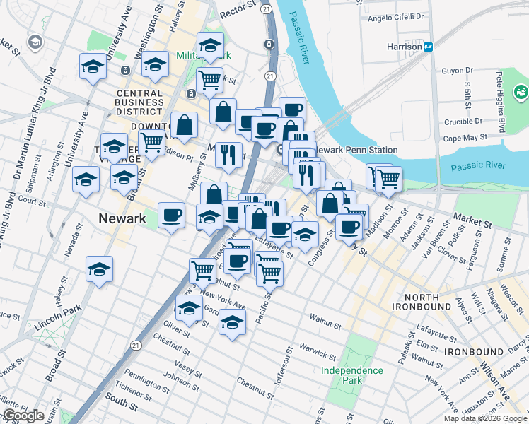 map of restaurants, bars, coffee shops, grocery stores, and more near 37-39 New Jersey Railroad Avenue in Newark
