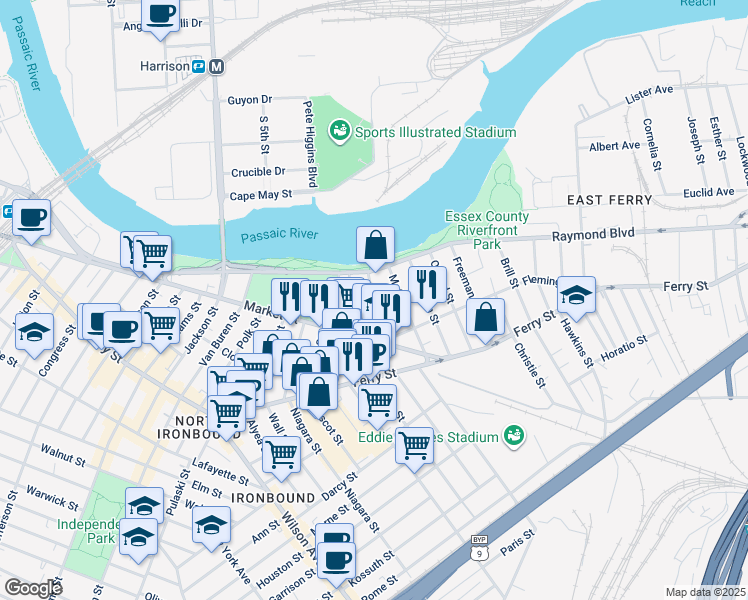 map of restaurants, bars, coffee shops, grocery stores, and more near 680-692 Raymond Boulevard in Newark
