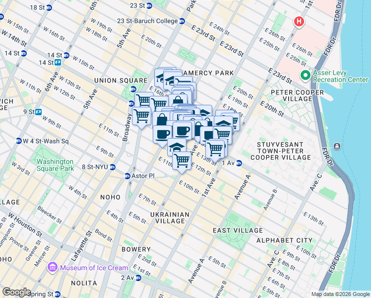 map of restaurants, bars, coffee shops, grocery stores, and more near 230 East 14th Street in New York