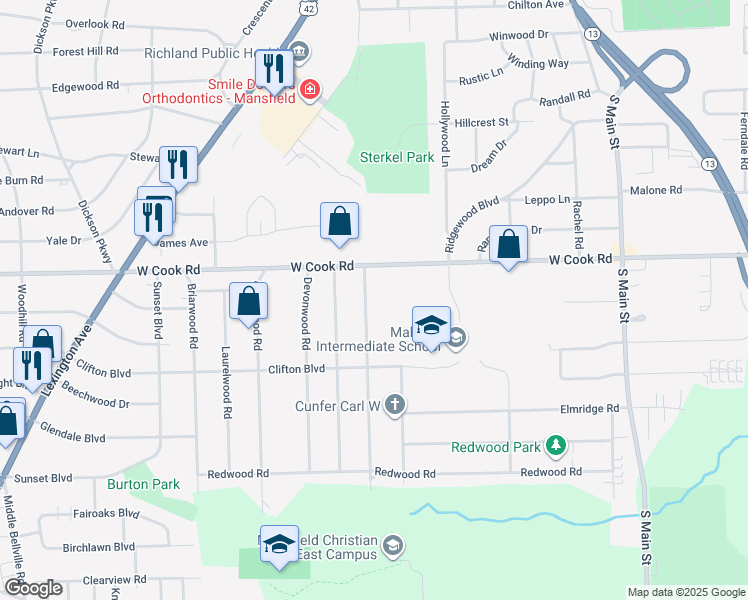 map of restaurants, bars, coffee shops, grocery stores, and more near in Mansfield