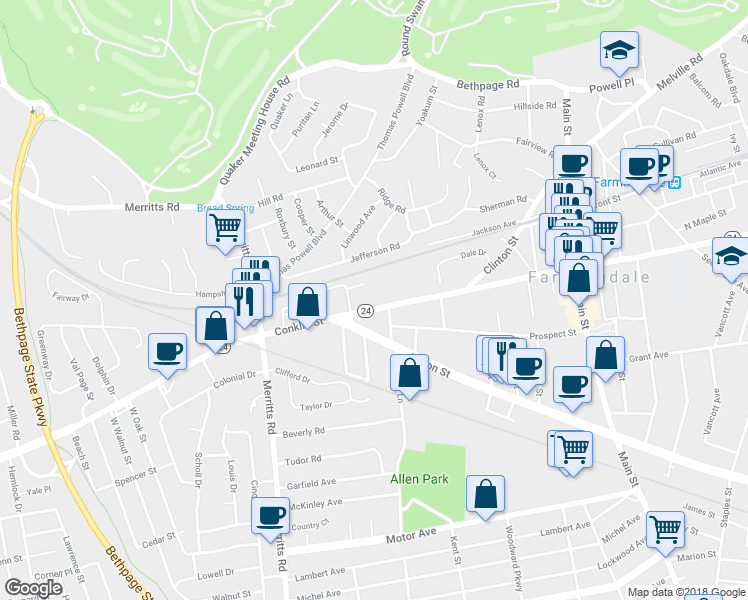 map of restaurants, bars, coffee shops, grocery stores, and more near 43 Conklin Street in Farmingdale