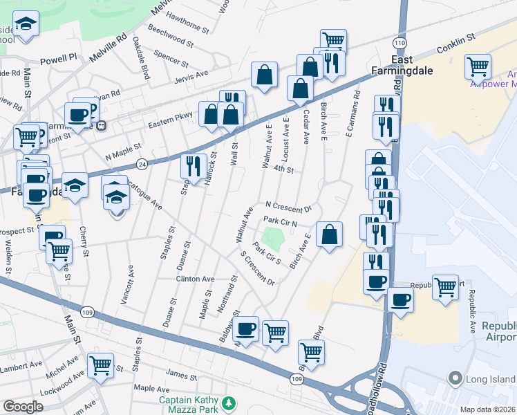 map of restaurants, bars, coffee shops, grocery stores, and more near 47 Walnut Avenue East in Farmingdale