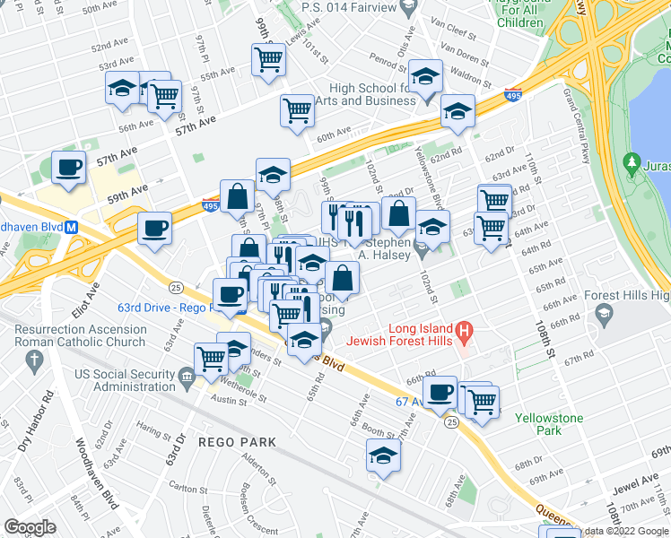 map of restaurants, bars, coffee shops, grocery stores, and more near 63-33 98th Place in Queens