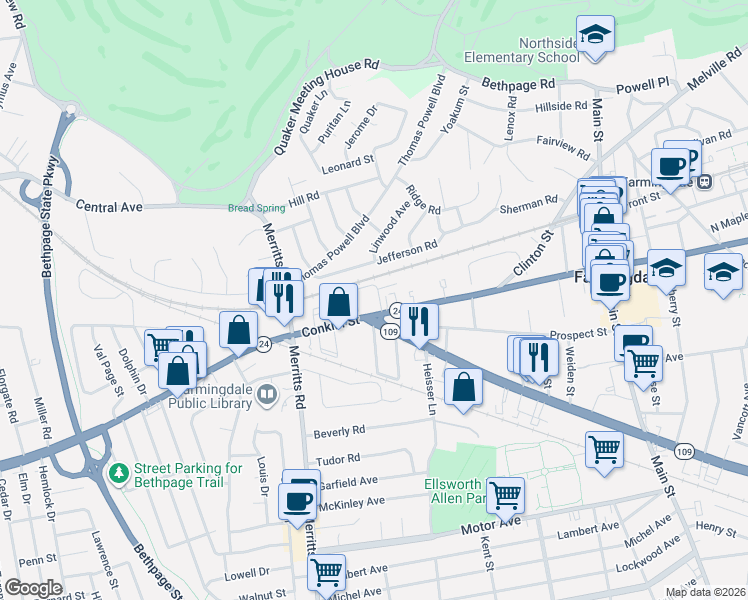 map of restaurants, bars, coffee shops, grocery stores, and more near 120 Jefferson Road in Farmingdale