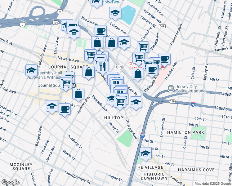 map of restaurants, bars, coffee shops, grocery stores, and more near 84 Court House Place in Jersey City