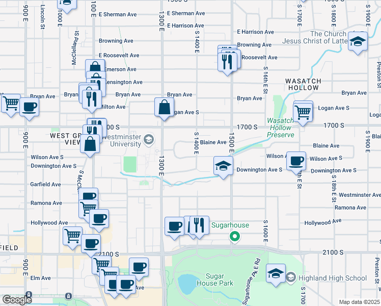 map of restaurants, bars, coffee shops, grocery stores, and more near 1377 Wilson Avenue South in Salt Lake City