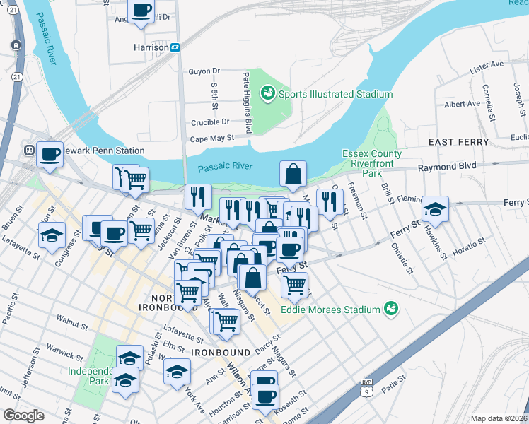 map of restaurants, bars, coffee shops, grocery stores, and more near 480 Raymond Boulevard in Newark