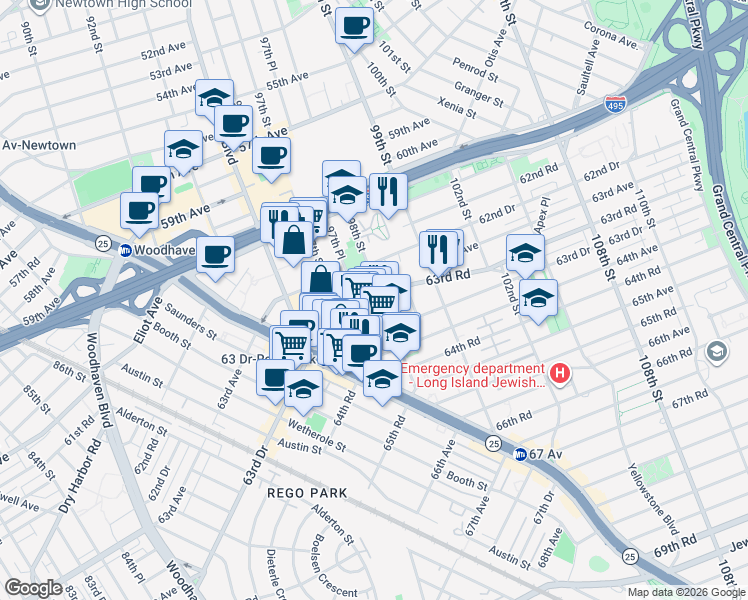 map of restaurants, bars, coffee shops, grocery stores, and more near in Queens
