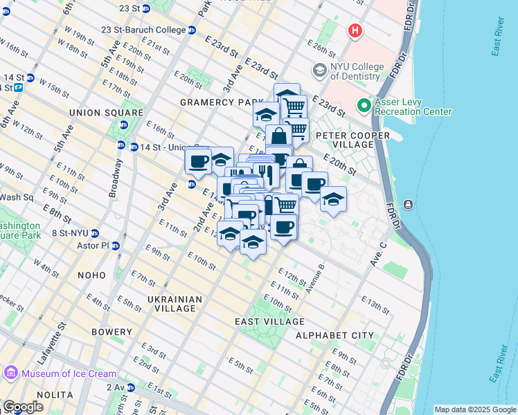 map of restaurants, bars, coffee shops, grocery stores, and more near 254 1st Avenue in New York