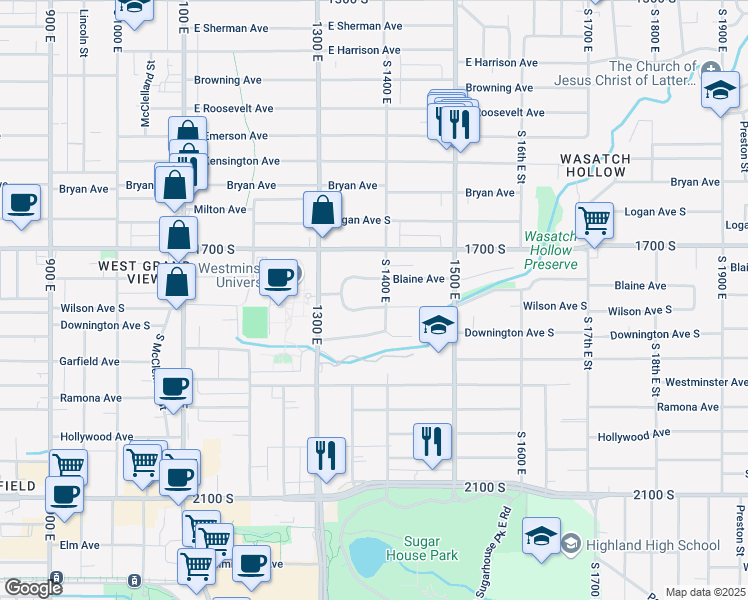 map of restaurants, bars, coffee shops, grocery stores, and more near 1377 Wilson Avenue South in Salt Lake City
