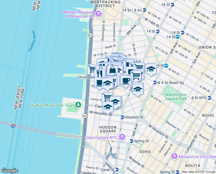 map of restaurants, bars, coffee shops, grocery stores, and more near 487 Hudson Street in New York