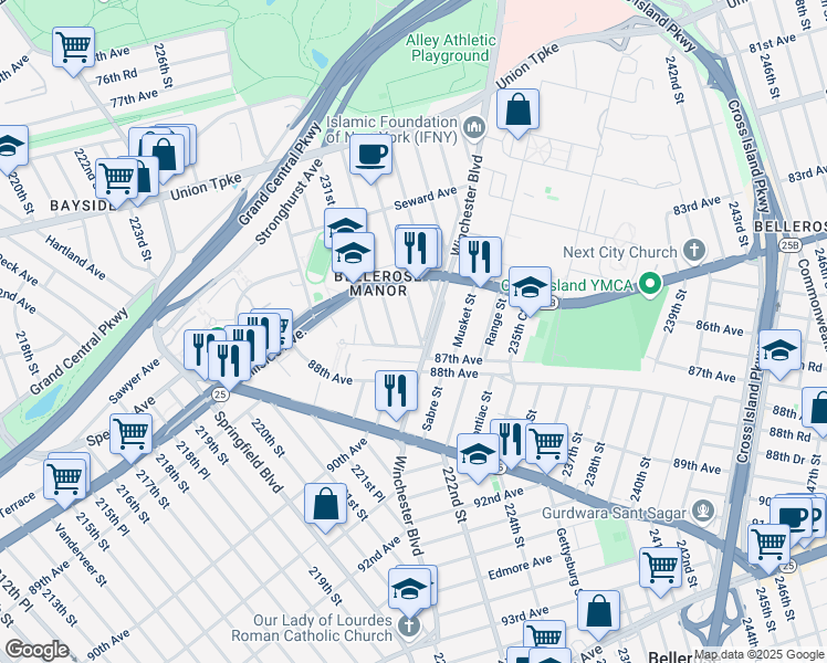 map of restaurants, bars, coffee shops, grocery stores, and more near 86-28 233rd Street in Queens