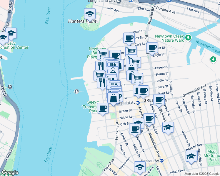 map of restaurants, bars, coffee shops, grocery stores, and more near 159 Franklin Street in Brooklyn