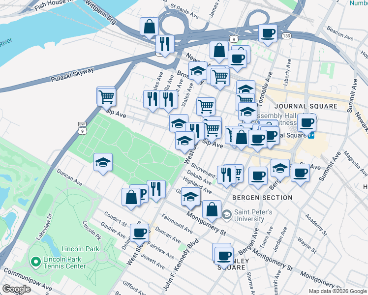 map of restaurants, bars, coffee shops, grocery stores, and more near 305 Sip Avenue in Jersey City