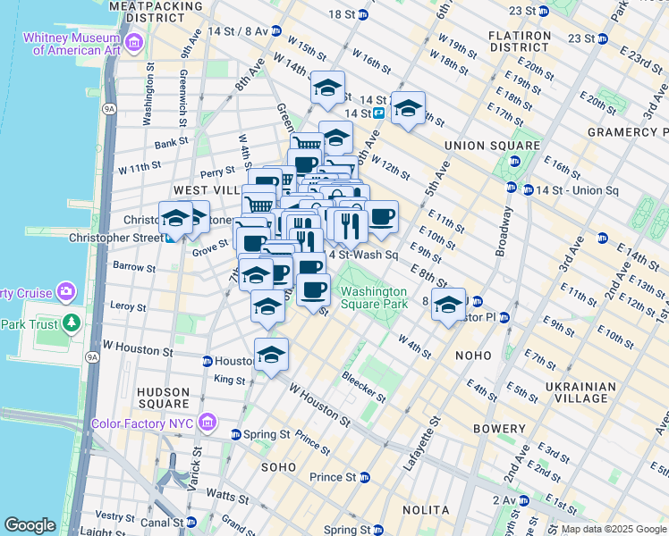 map of restaurants, bars, coffee shops, grocery stores, and more near 340 6th Avenue in New York
