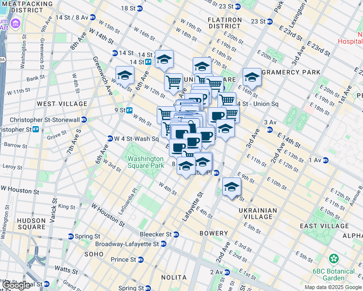 map of restaurants, bars, coffee shops, grocery stores, and more near 31 East 8th Street in New York