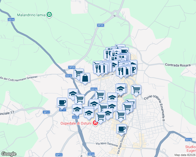 map of restaurants, bars, coffee shops, grocery stores, and more near 99 Corso Giuseppe Mazzini in Ostuni