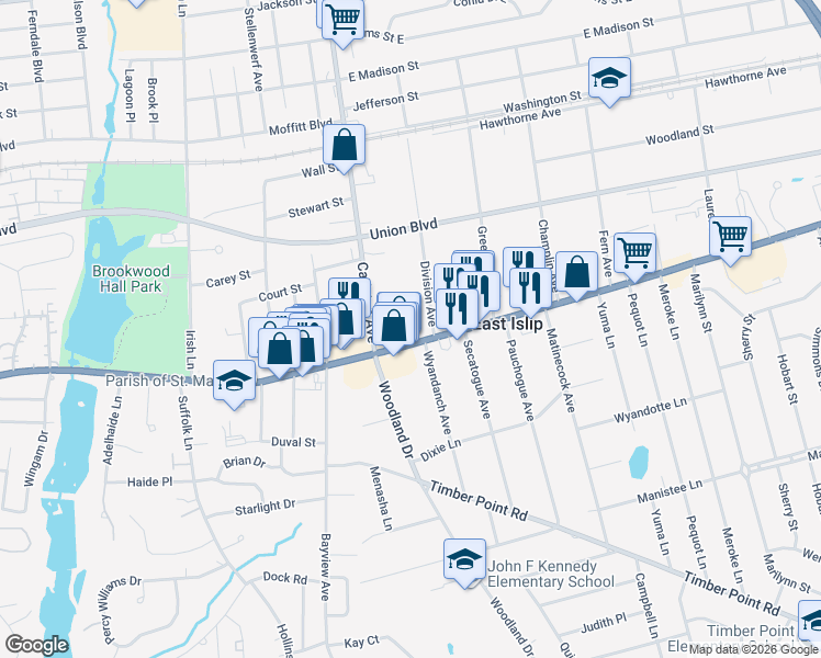 map of restaurants, bars, coffee shops, grocery stores, and more near 12 Division Avenue in East Islip