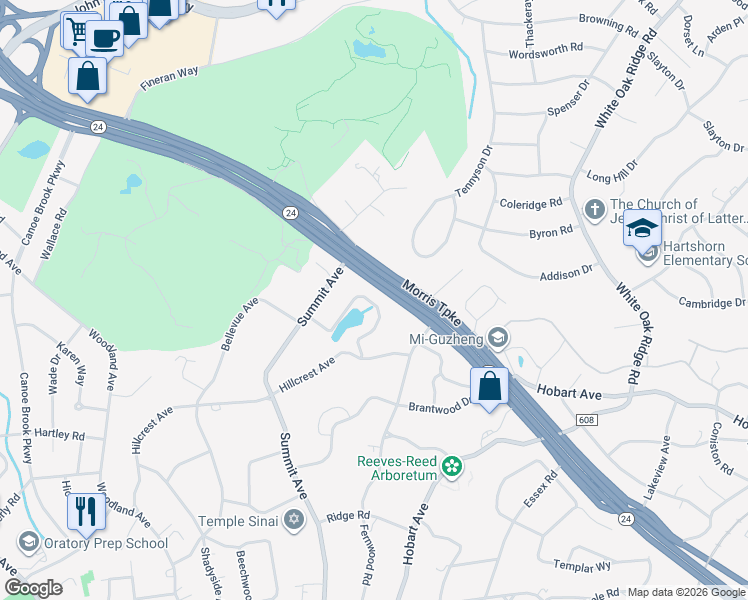map of restaurants, bars, coffee shops, grocery stores, and more near 30 Woodmere Drive in Summit