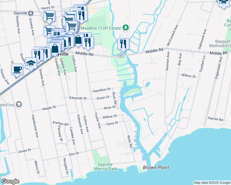 map of restaurants, bars, coffee shops, grocery stores, and more near 15 River Road in Sayville