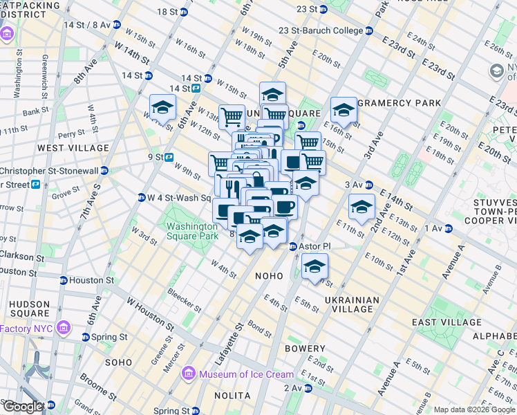 map of restaurants, bars, coffee shops, grocery stores, and more near 21 East 10th Street in New York