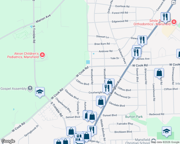 map of restaurants, bars, coffee shops, grocery stores, and more near 968 Woodland Road in Mansfield
