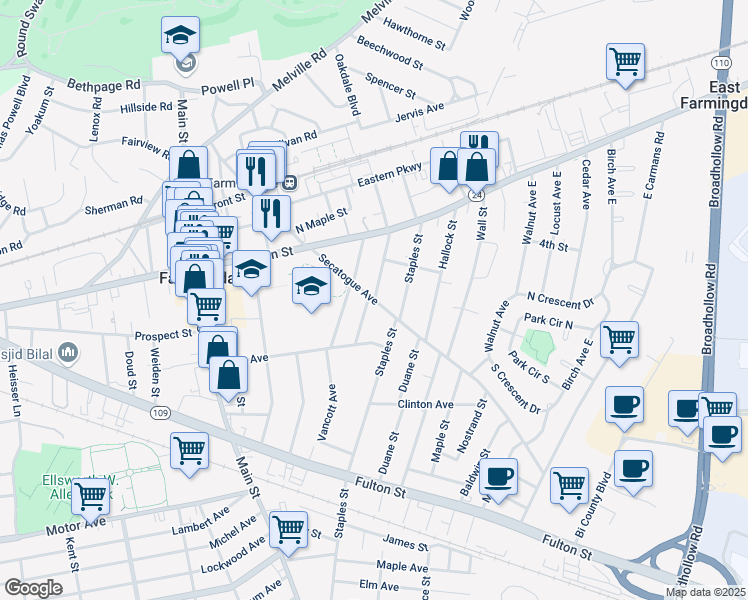 map of restaurants, bars, coffee shops, grocery stores, and more near 340 Secatogue Avenue in Farmingdale
