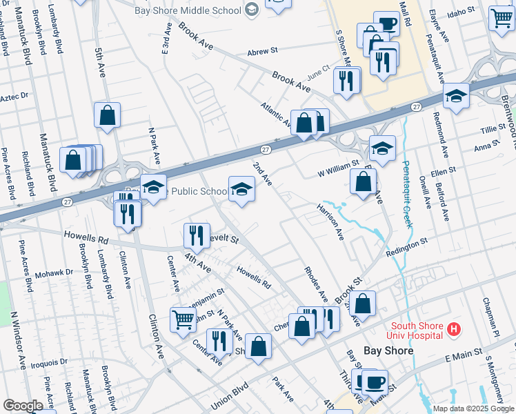 map of restaurants, bars, coffee shops, grocery stores, and more near 155 Third Avenue in Bay Shore