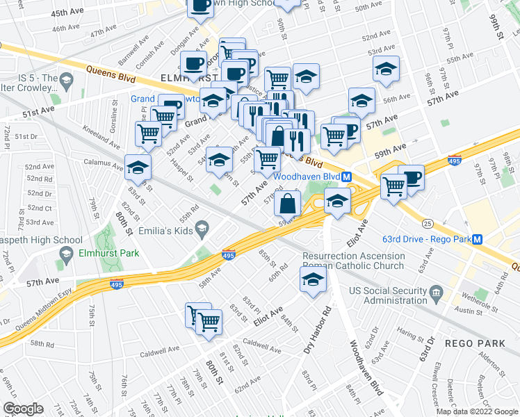 map of restaurants, bars, coffee shops, grocery stores, and more near 57th Road in Queens