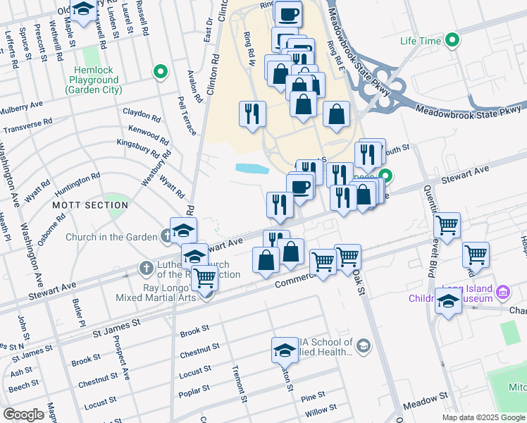 map of restaurants, bars, coffee shops, grocery stores, and more near 14 Raymond Court in Garden City
