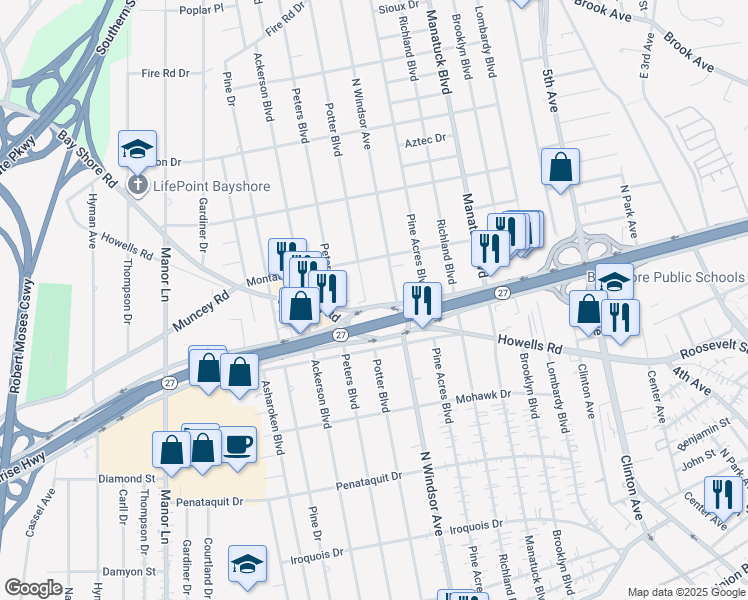 map of restaurants, bars, coffee shops, grocery stores, and more near 1306 North Windsor Avenue in Bay Shore