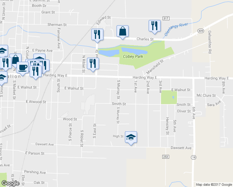 map of restaurants, bars, coffee shops, grocery stores, and more near 887 East Walnut Street in Galion