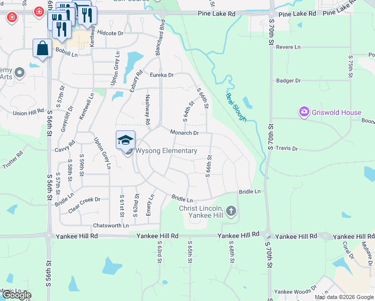 map of restaurants, bars, coffee shops, grocery stores, and more near 6310 Cavvy Road in Lincoln