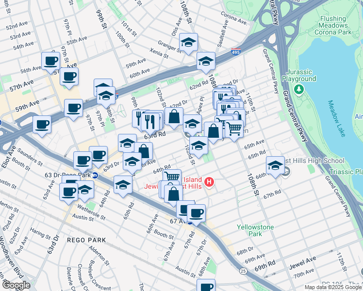 map of restaurants, bars, coffee shops, grocery stores, and more near 63-60 102nd Street in Queens