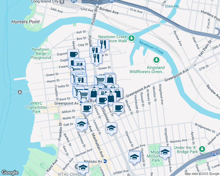 map of restaurants, bars, coffee shops, grocery stores, and more near 252 Java Street in Brooklyn