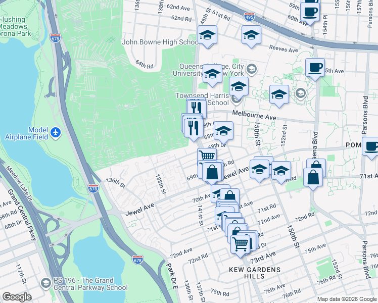 map of restaurants, bars, coffee shops, grocery stores, and more near 141-05 68th Drive in Queens