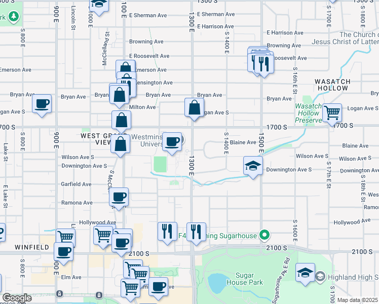 map of restaurants, bars, coffee shops, grocery stores, and more near 1737 South 1300 East in Salt Lake City