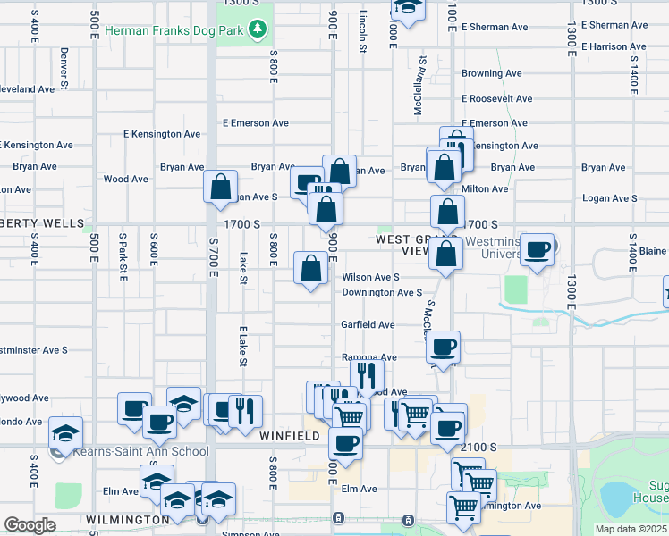 map of restaurants, bars, coffee shops, grocery stores, and more near 1740 900 East in Salt Lake City