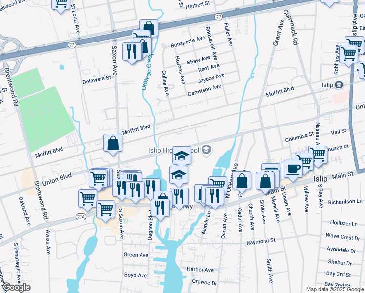 map of restaurants, bars, coffee shops, grocery stores, and more near 2447 Union Boulevard in Islip